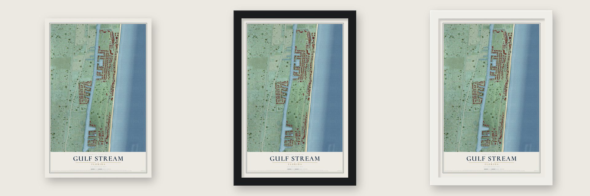 Gulf Stream, Florida map unframed, in a black wood frame and in a white wood frame