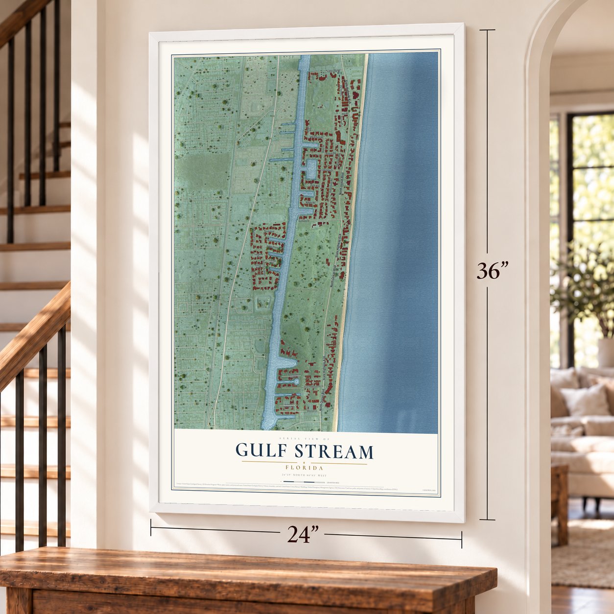 Gulf Stream, Florida map, 24 x 36 inch print in a white frame by a staircase