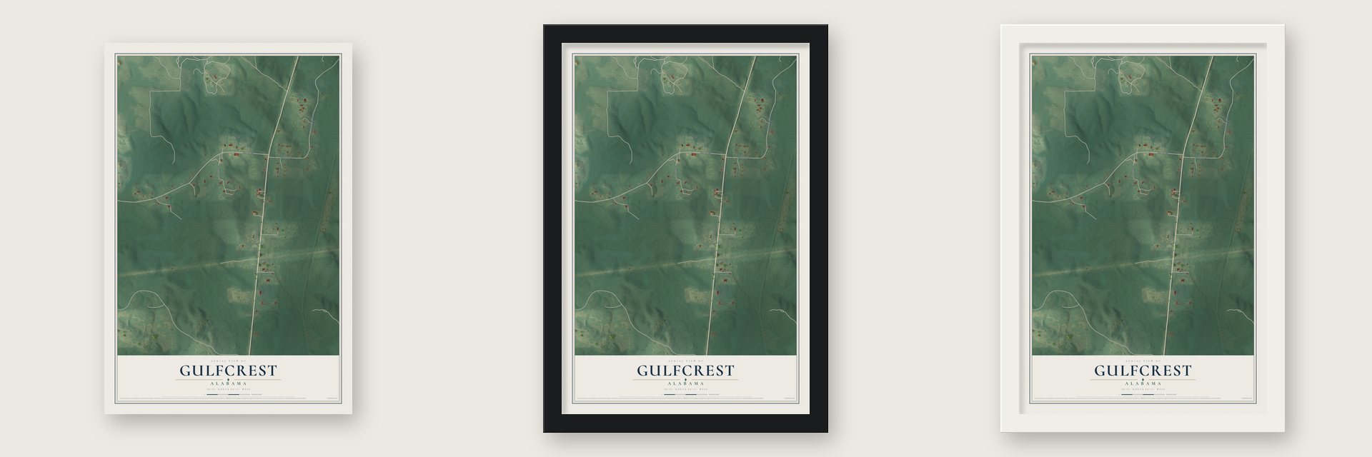 Gulfcrest, Alabama map unframed, in a black wood frame and in a white wood frame