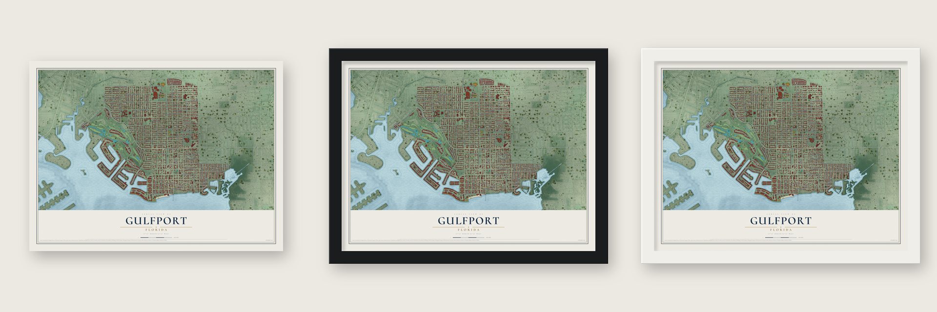 Gulfport, Florida map unframed, in a black wood frame and in a white wood frame