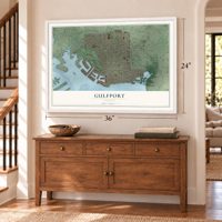 Gulfport, Florida map, 24 x 36 inch print in a white frame above a dresser by a staircase