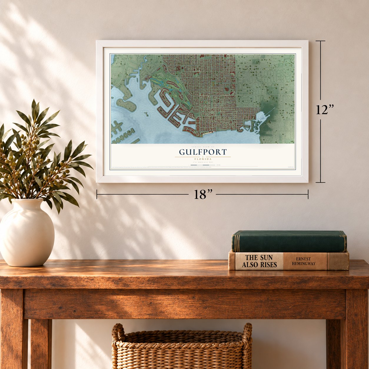 Gulfport, Florida map, 12 x 18 inch print in a white frame in an entryway
