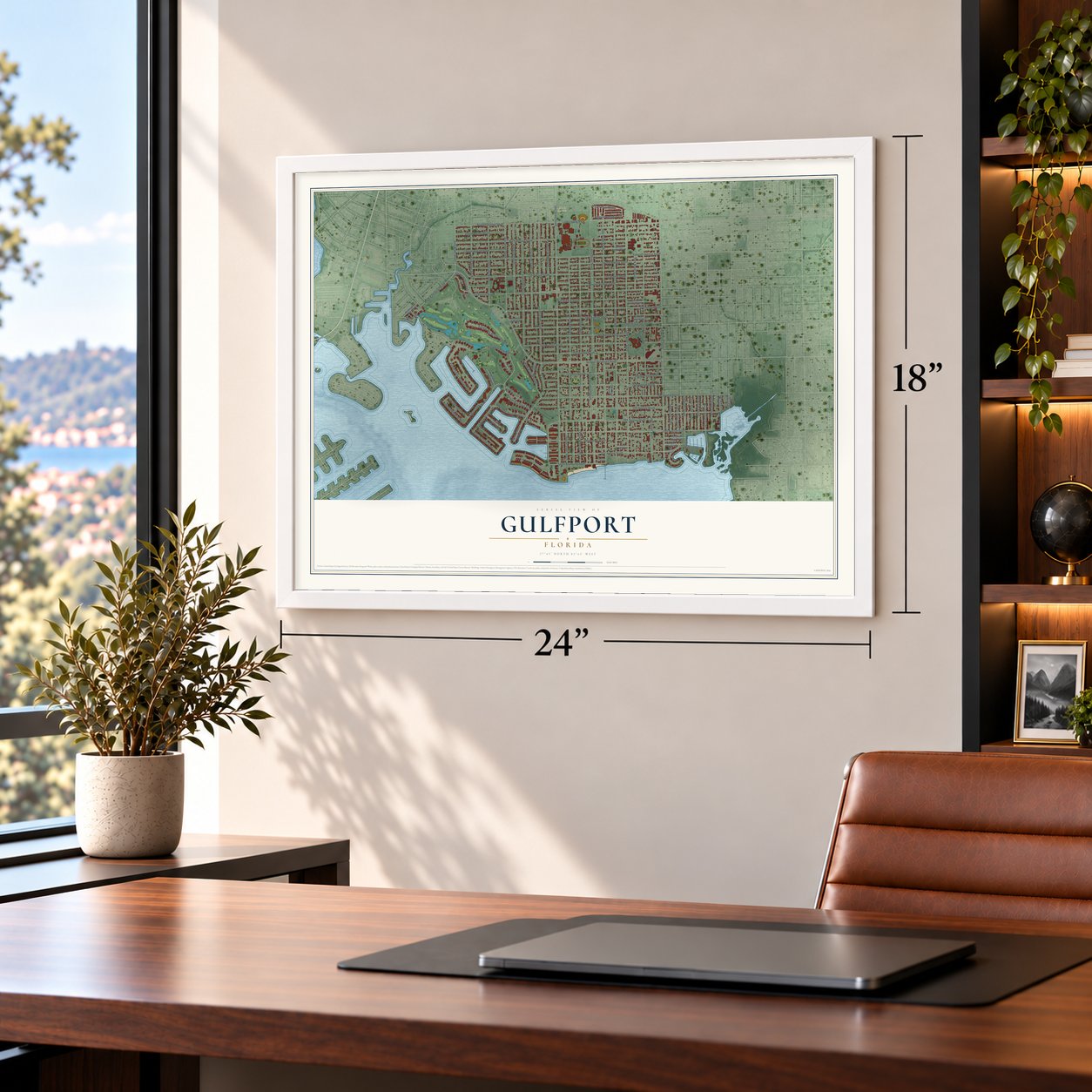 Gulfport, Florida map, 18 x 24 inch print in a white frame in a home office