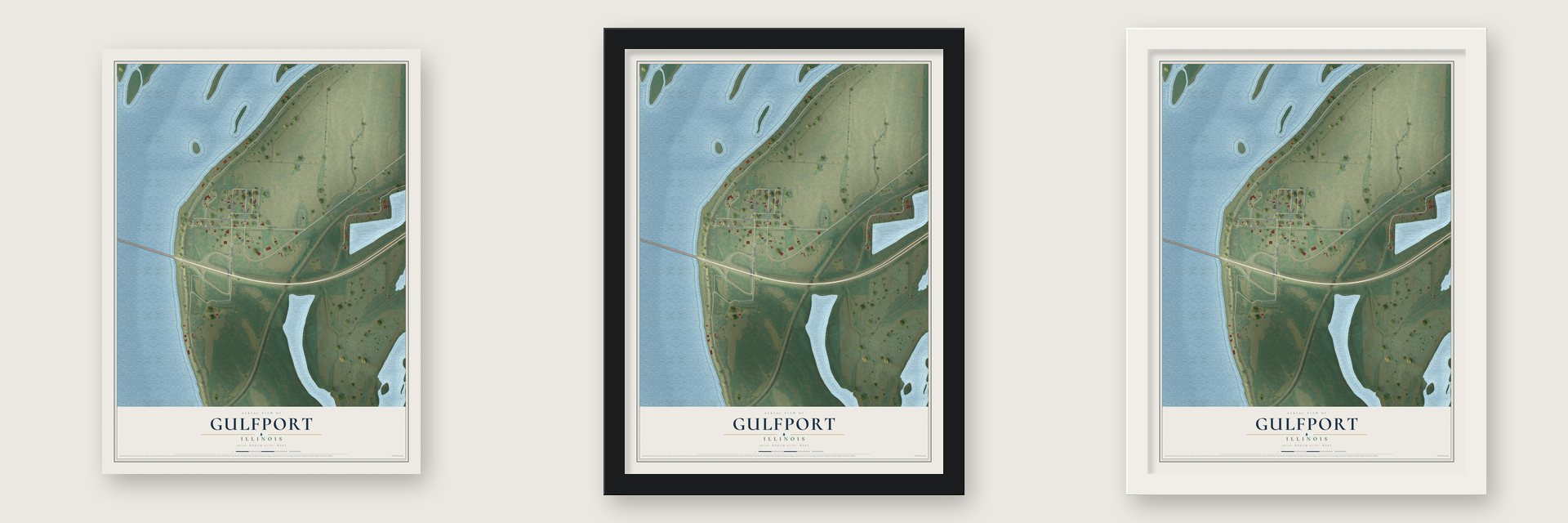 Gulfport, Illinois map unframed, in a black wood frame and in a white wood frame