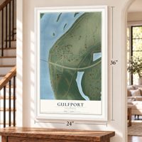 Gulfport, Illinois map, 24 x 36 inch print in a white frame by a staircase