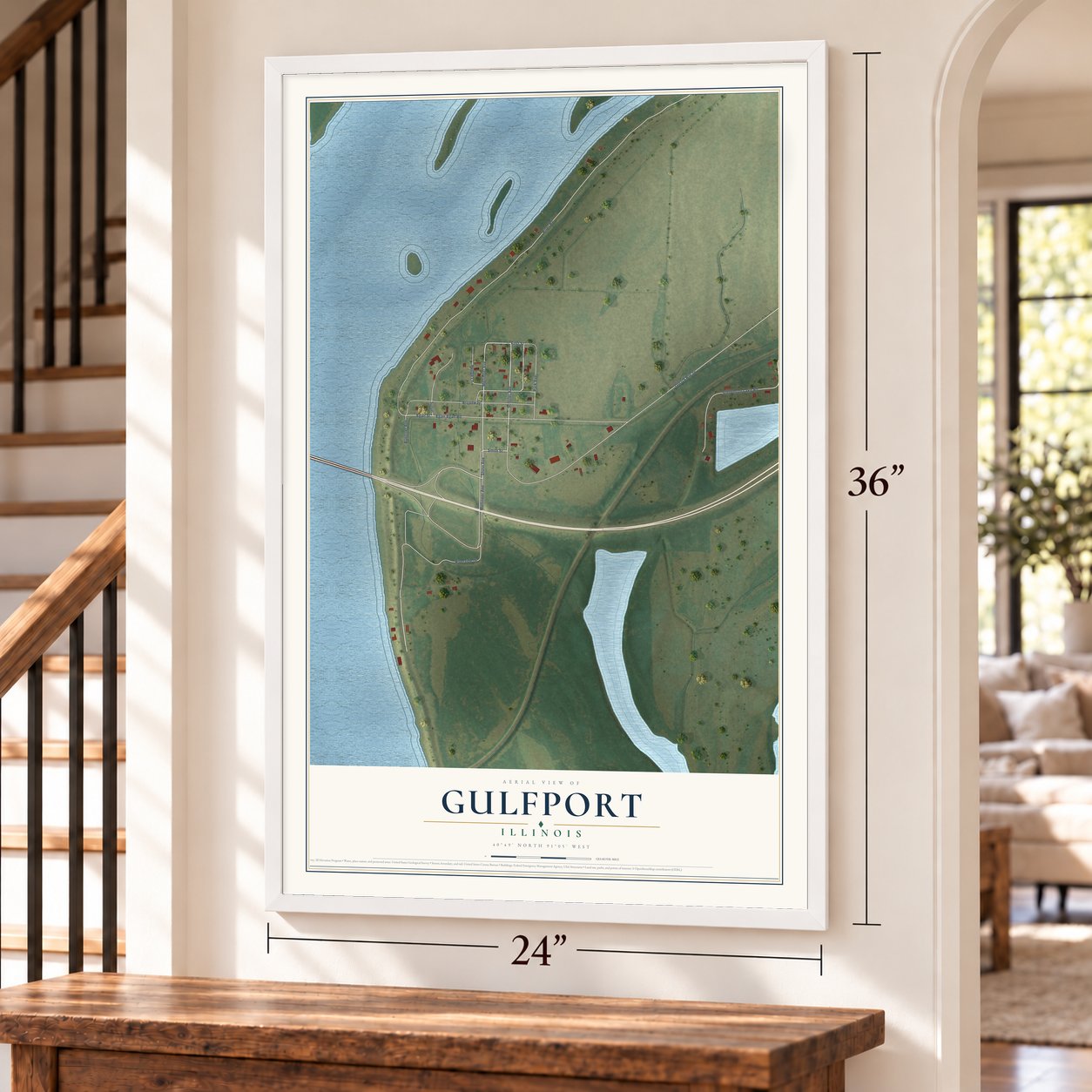 Gulfport, Illinois map, 24 x 36 inch print in a white frame by a staircase