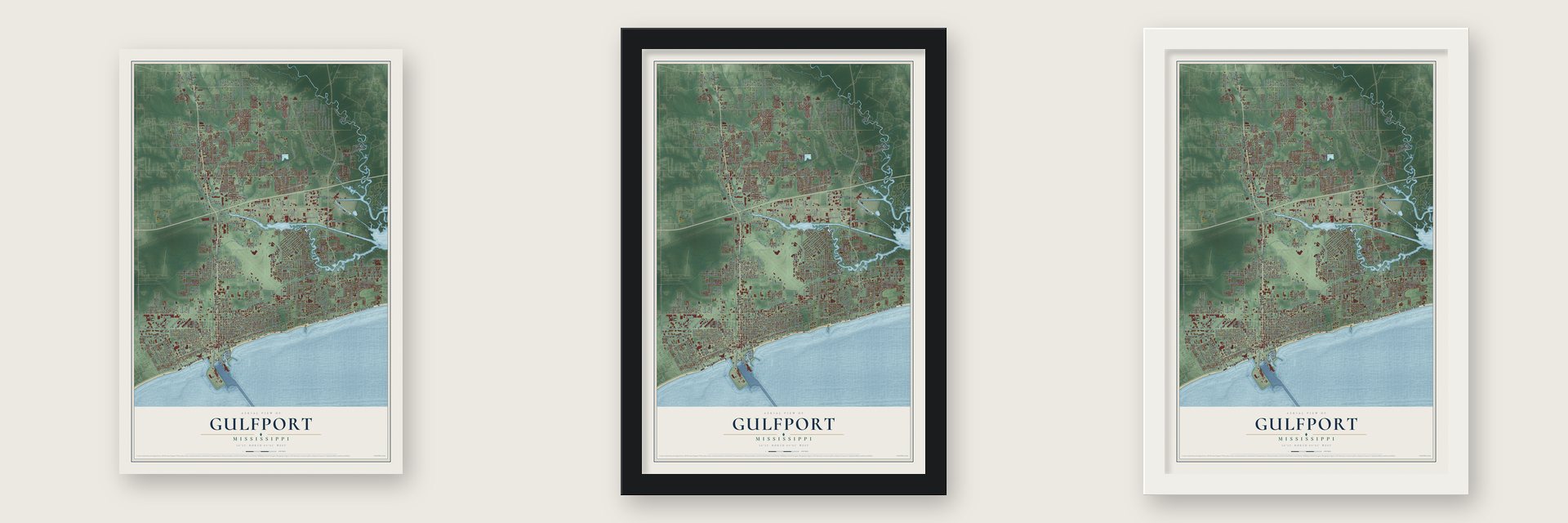 Gulfport, Mississippi map unframed, in a black wood frame and in a white wood frame