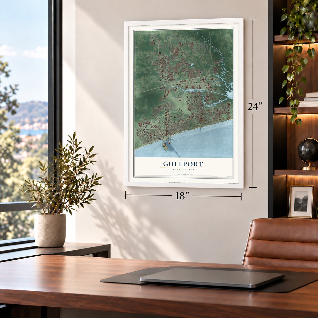 Gulfport, Mississippi map, 18 x 24 inch print in a white frame in a home office