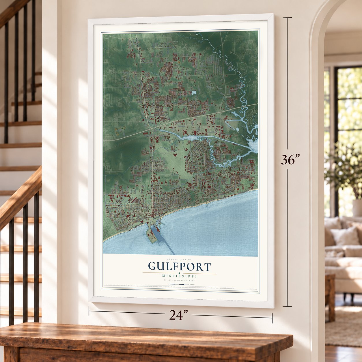 Gulfport, Mississippi map, 24 x 36 inch print in a white frame by a staircase