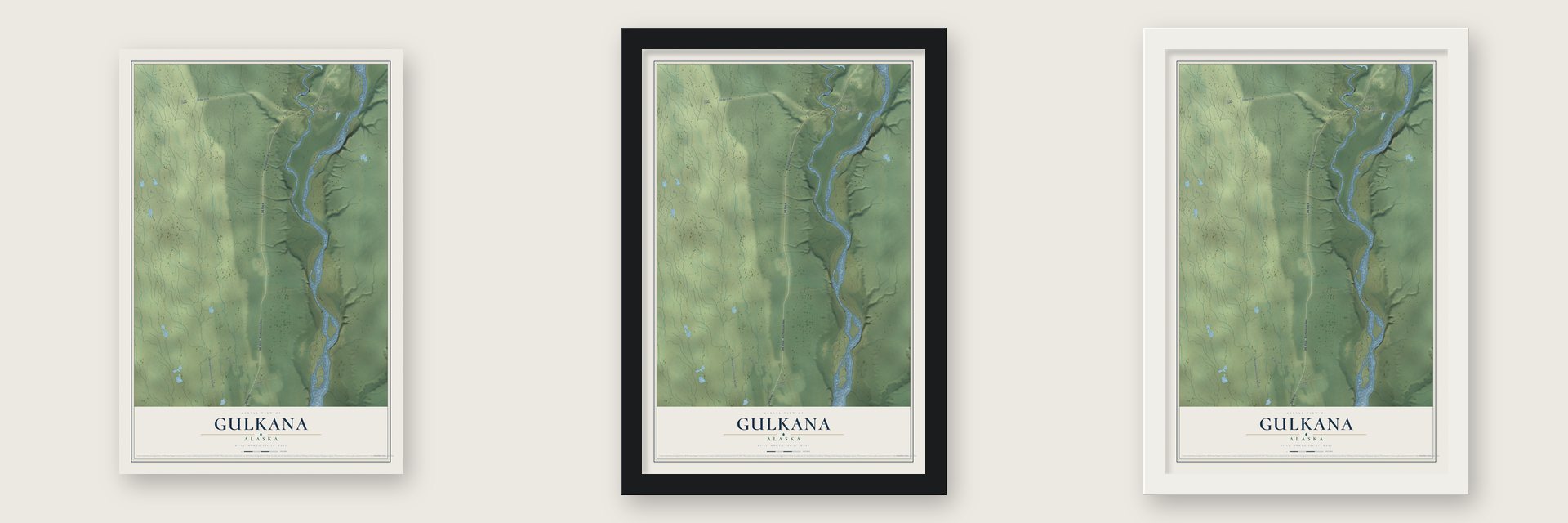 Gulkana, Alaska map unframed, in a black wood frame and in a white wood frame