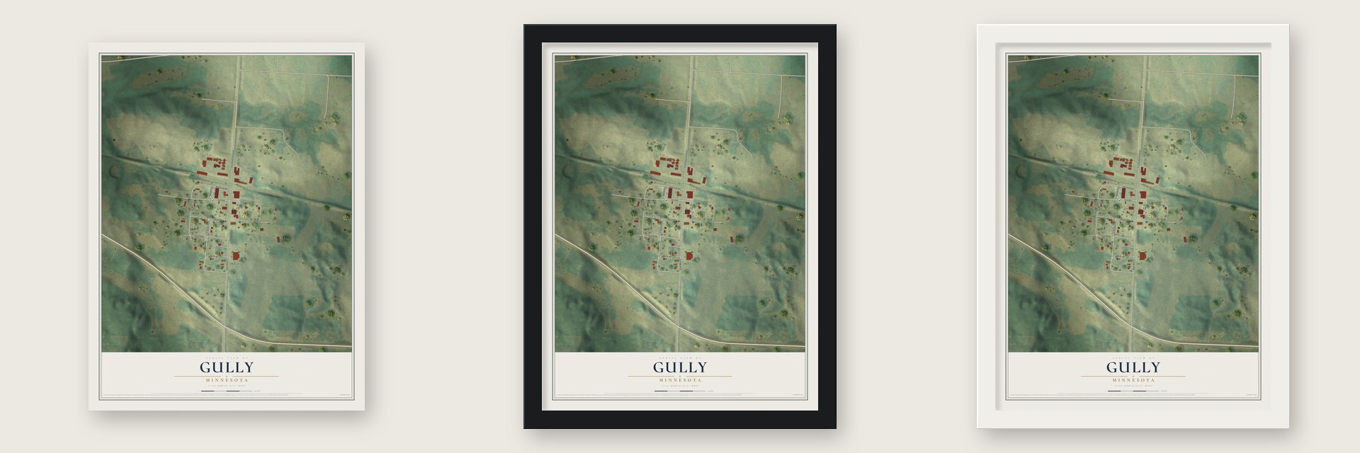 Gully, Minnesota map unframed, in a black wood frame and in a white wood frame