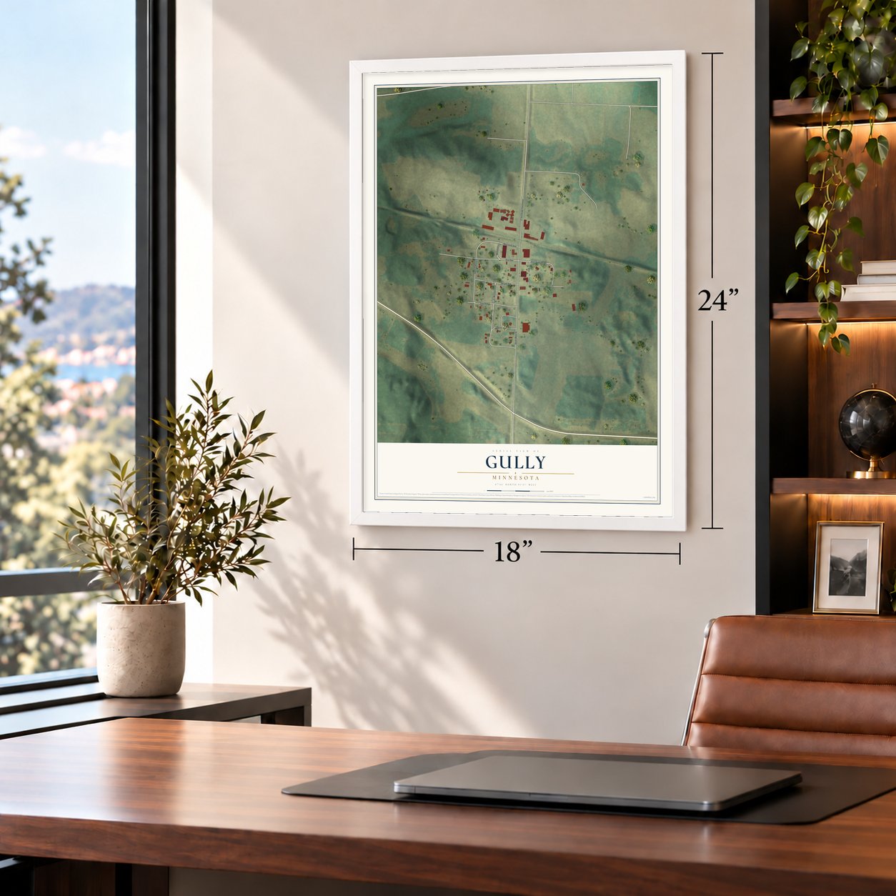 Gully, Minnesota map, 18 x 24 inch print in a white frame in a home office