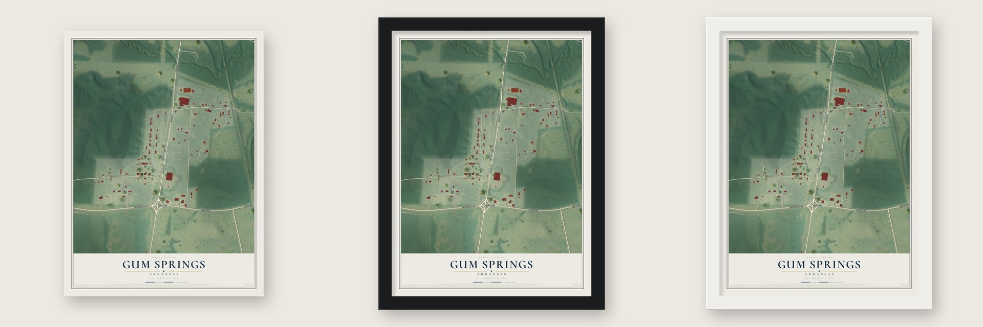 Gum Springs, Arkansas map unframed, in a black wood frame and in a white wood frame