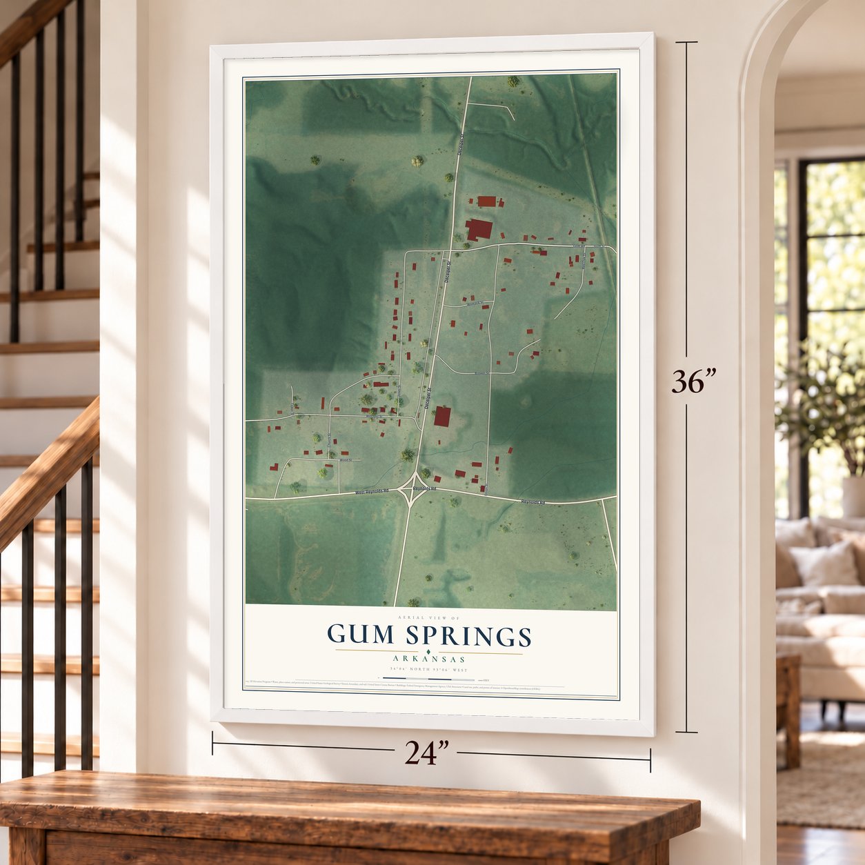 Gum Springs, Arkansas map, 24 x 36 inch print in a white frame by a staircase
