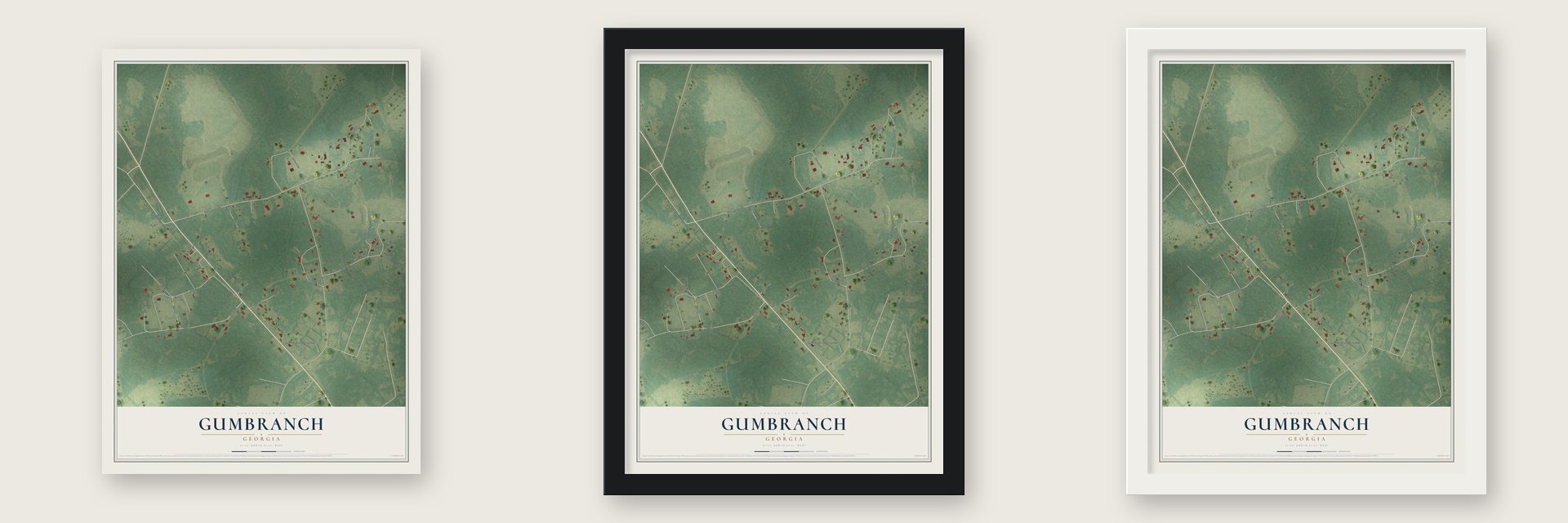 Gumbranch, Georgia map unframed, in a black wood frame and in a white wood frame