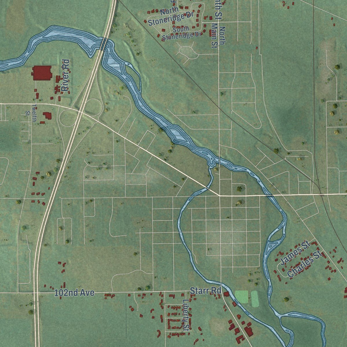 Second close-up of the map of Gun Plain, Michigan print showing more streets and buildings