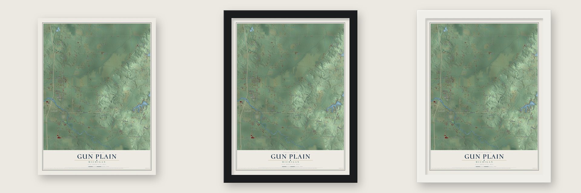 Gun Plain, Michigan map unframed, in a black wood frame and in a white wood frame