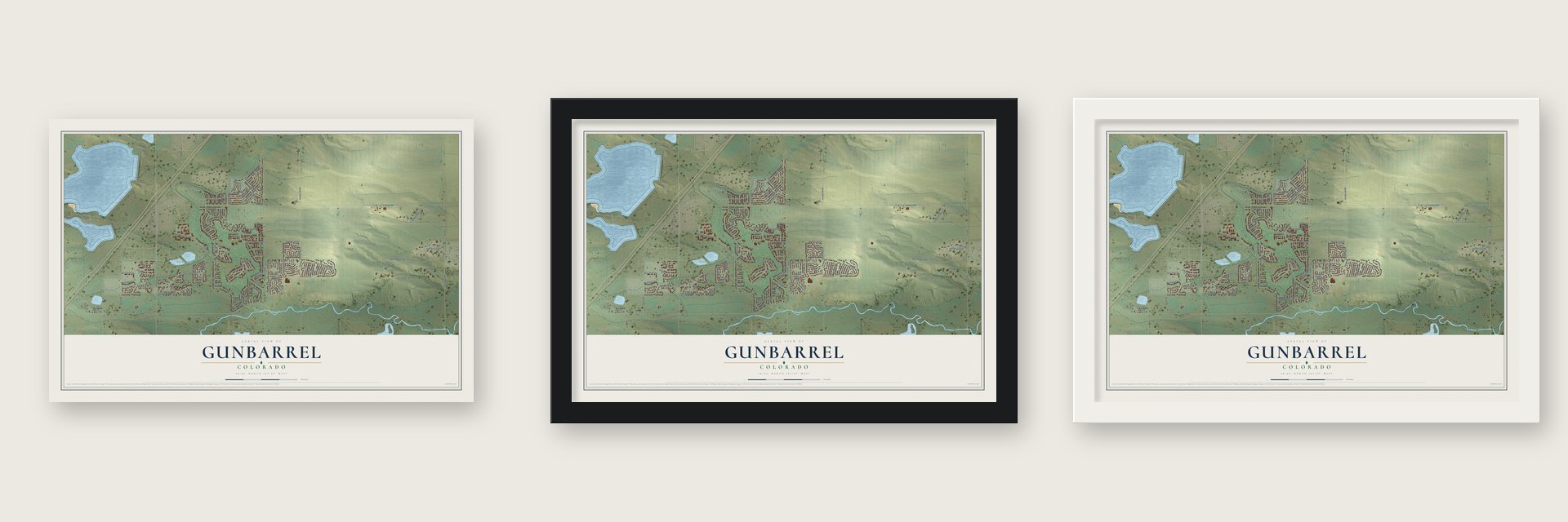 Gunbarrel, Colorado map unframed, in a black wood frame and in a white wood frame