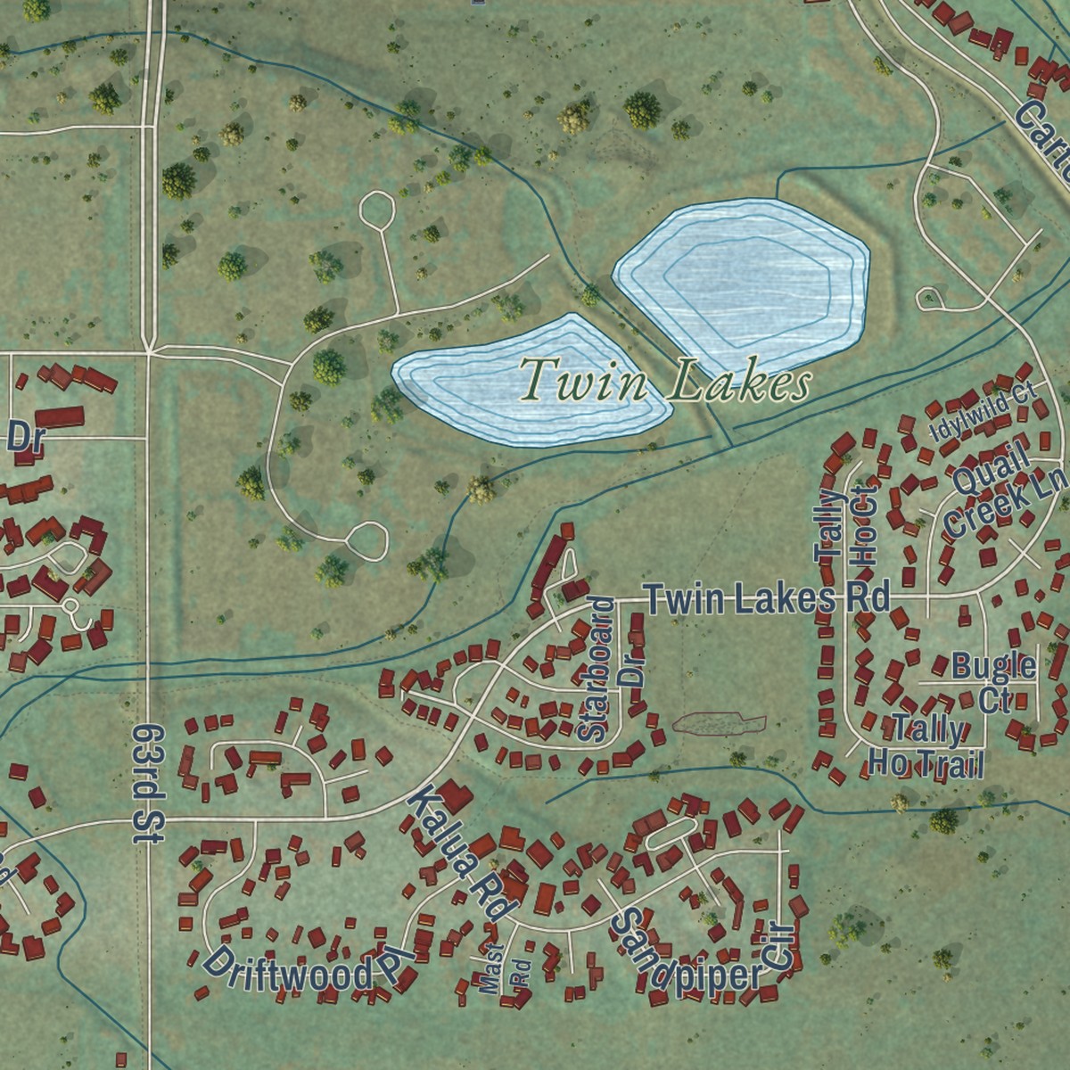 Second close-up of the map of Gunbarrel, Colorado print showing more streets and buildings