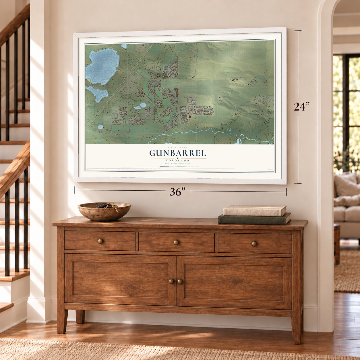 Gunbarrel, Colorado map, 24 x 36 inch print in a white frame above a dresser by a staircase
