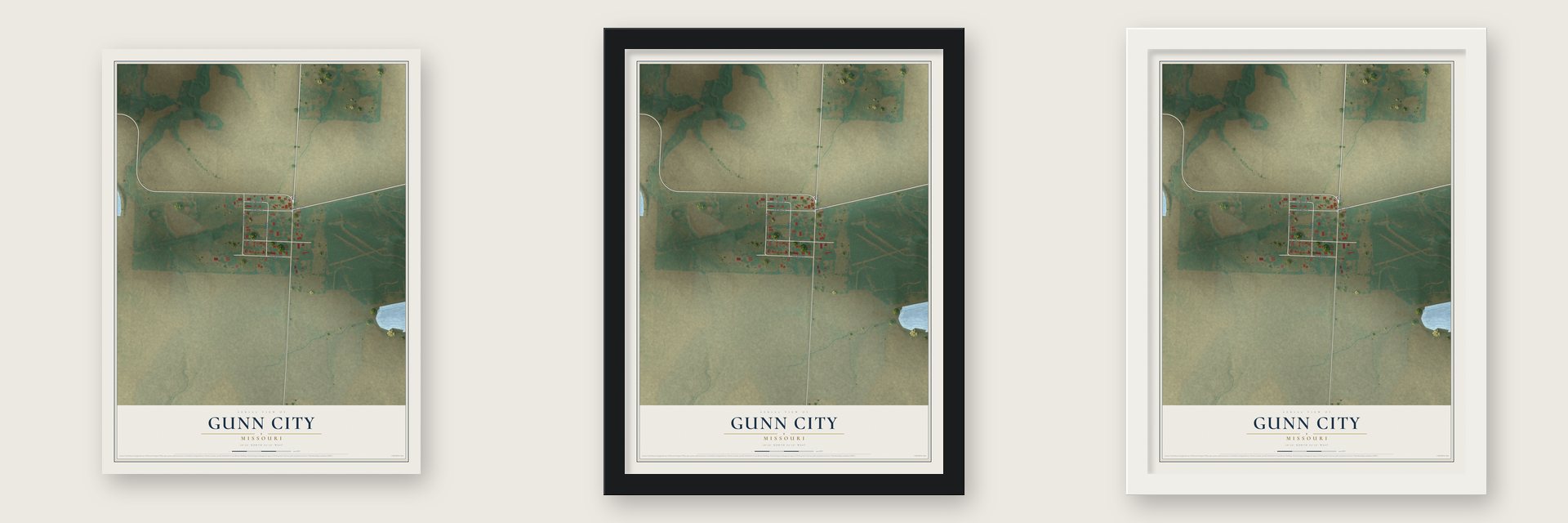 Gunn City, Missouri map unframed, in a black wood frame and in a white wood frame