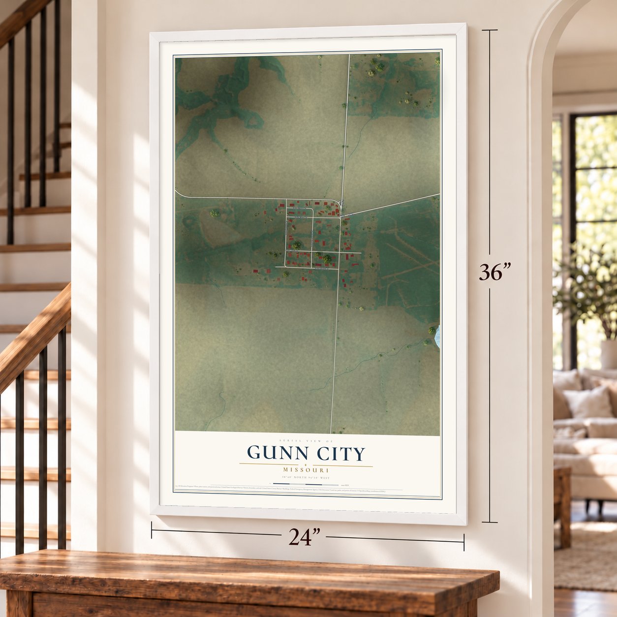 Gunn City, Missouri map, 24 x 36 inch print in a white frame by a staircase