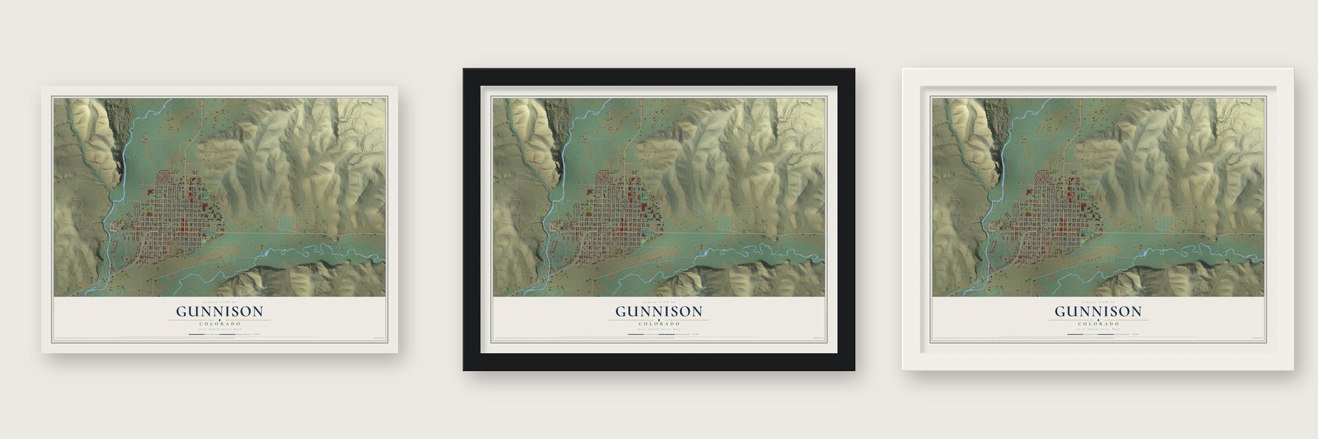 Gunnison, Colorado map unframed, in a black wood frame and in a white wood frame