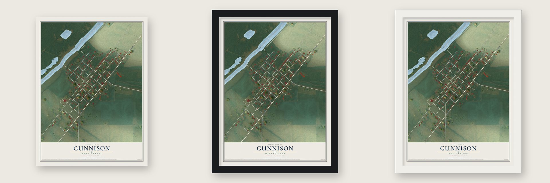 Gunnison, Mississippi map unframed, in a black wood frame and in a white wood frame