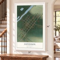 Gunnison, Mississippi map, 24 x 36 inch print in a white frame by a staircase