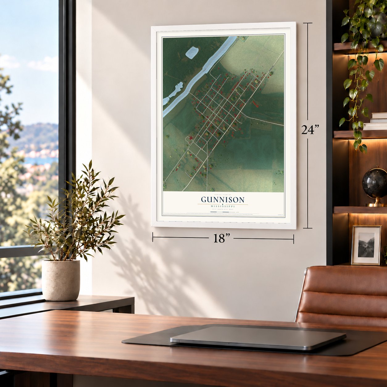 Gunnison, Mississippi map, 18 x 24 inch print in a white frame in a home office