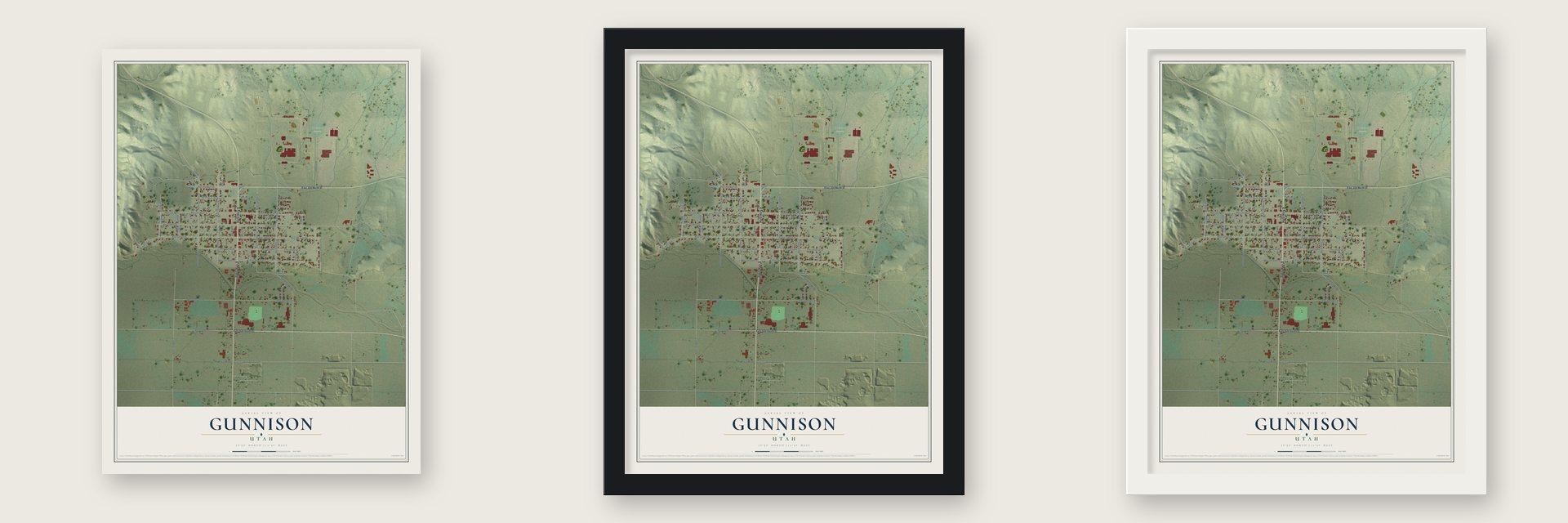 Gunnison, Utah map unframed, in a black wood frame and in a white wood frame