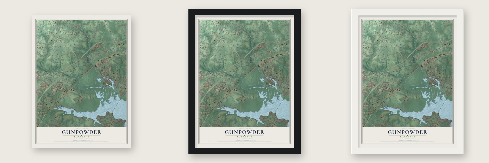 Gunpowder, Maryland map unframed, in a black wood frame and in a white wood frame