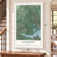 Gunpowder, Maryland map, 24 x 36 inch print in a white frame by a staircase