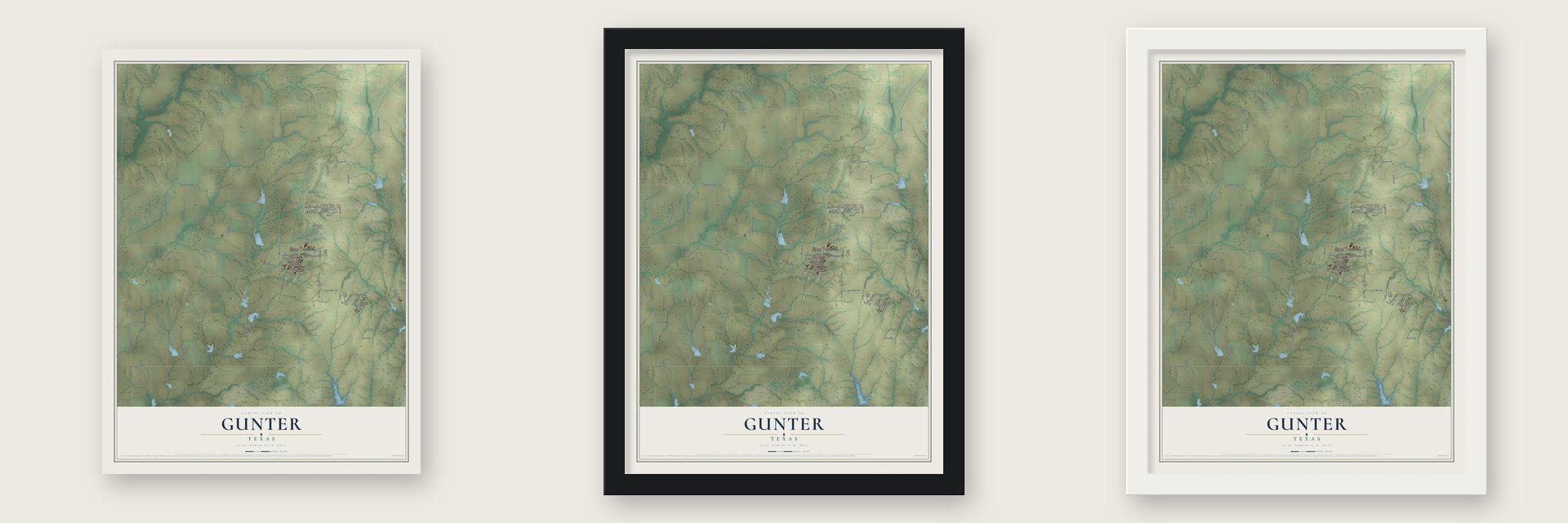 Gunter, Texas map unframed, in a black wood frame and in a white wood frame