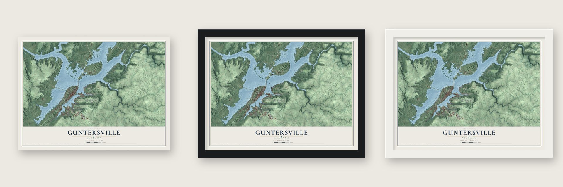 Guntersville, Alabama map unframed, in a black wood frame and in a white wood frame