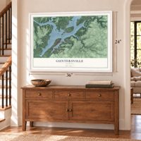 Guntersville, Alabama map, 24 x 36 inch print in a white frame above a dresser by a staircase