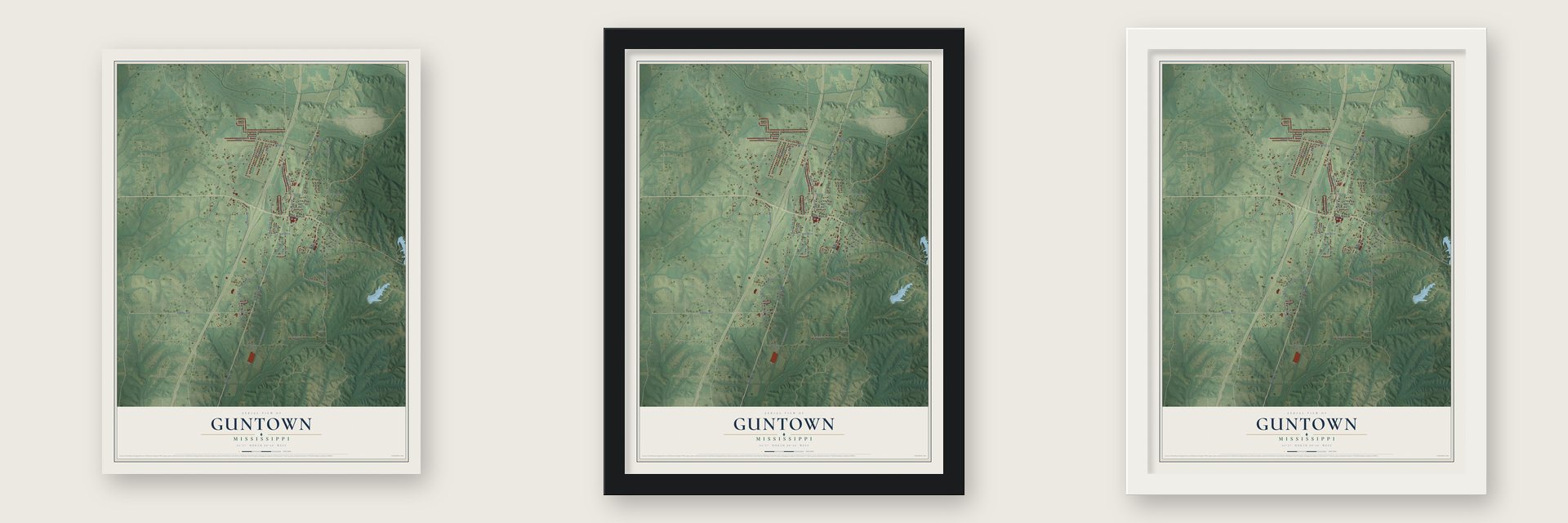 Guntown, Mississippi map unframed, in a black wood frame and in a white wood frame