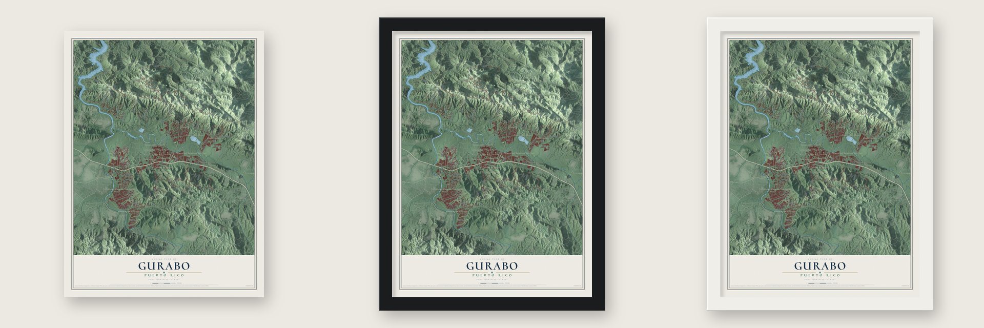 Gurabo, Puerto Rico map unframed, in a black wood frame and in a white wood frame