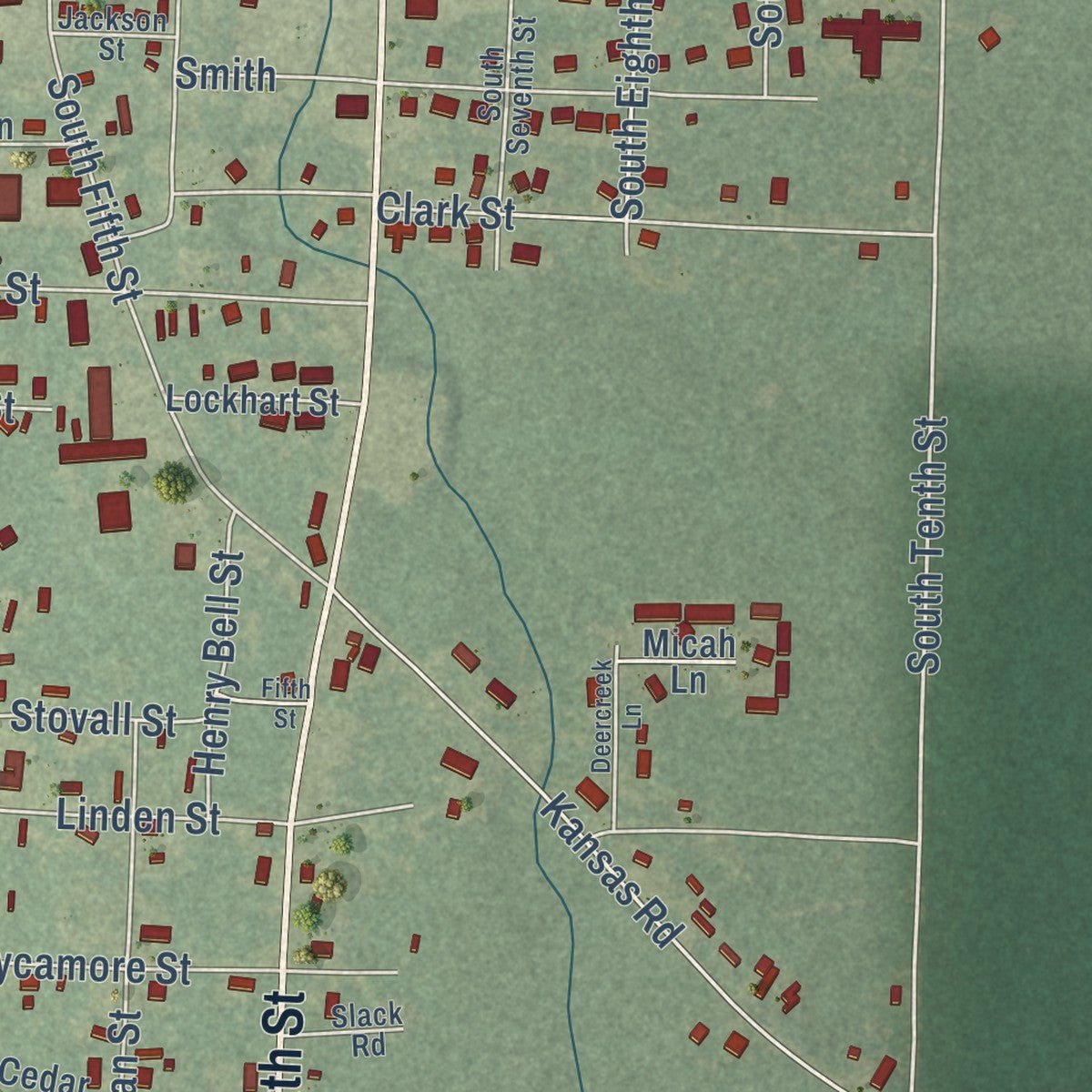 Second close-up of the map of Gurdon, Arkansas print showing more streets and buildings