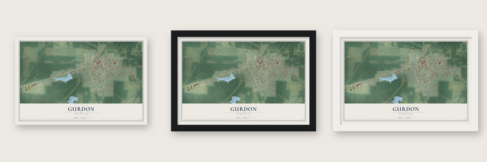 Gurdon, Arkansas map unframed, in a black wood frame and in a white wood frame