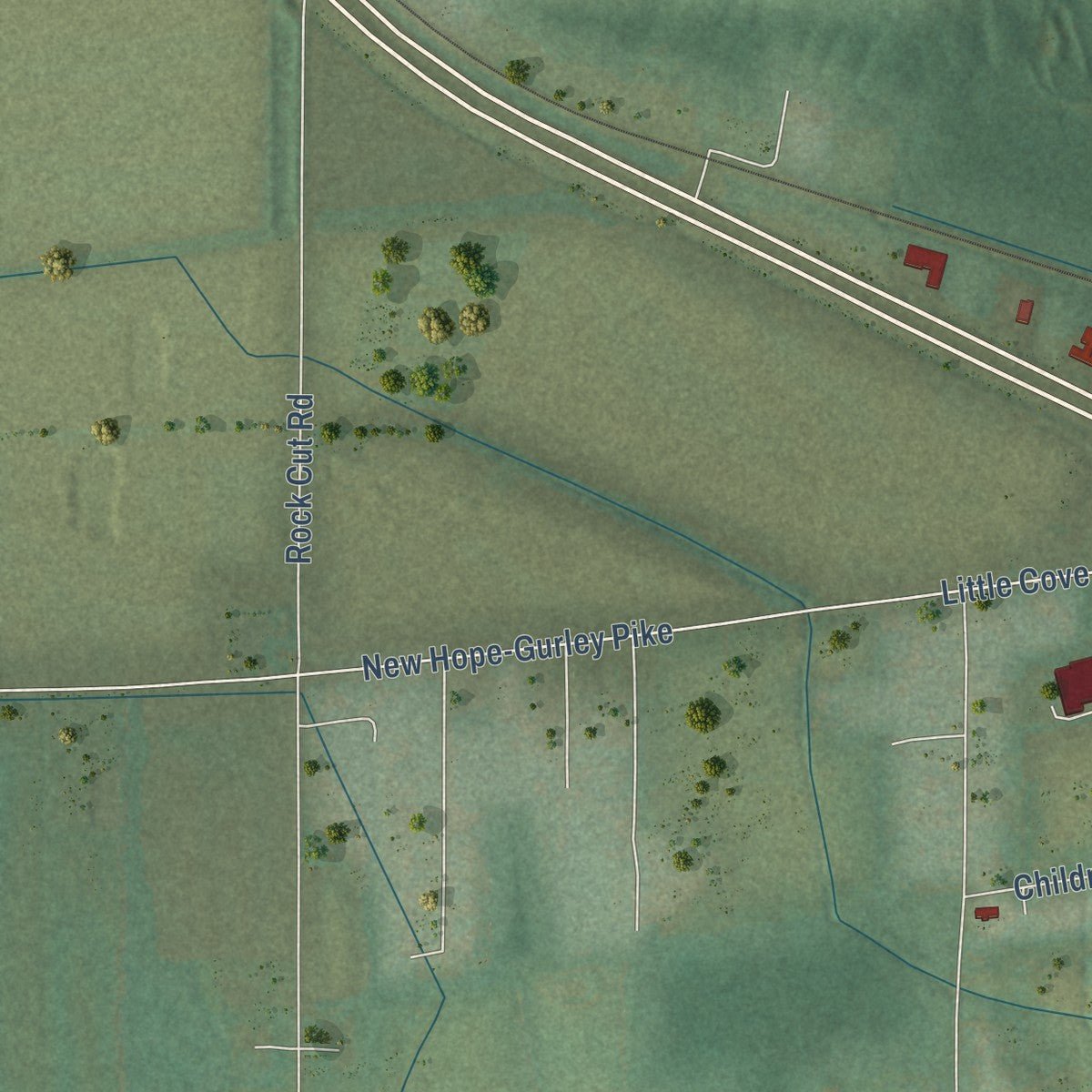 Second close-up of the map of Gurley, Alabama print showing more streets and buildings
