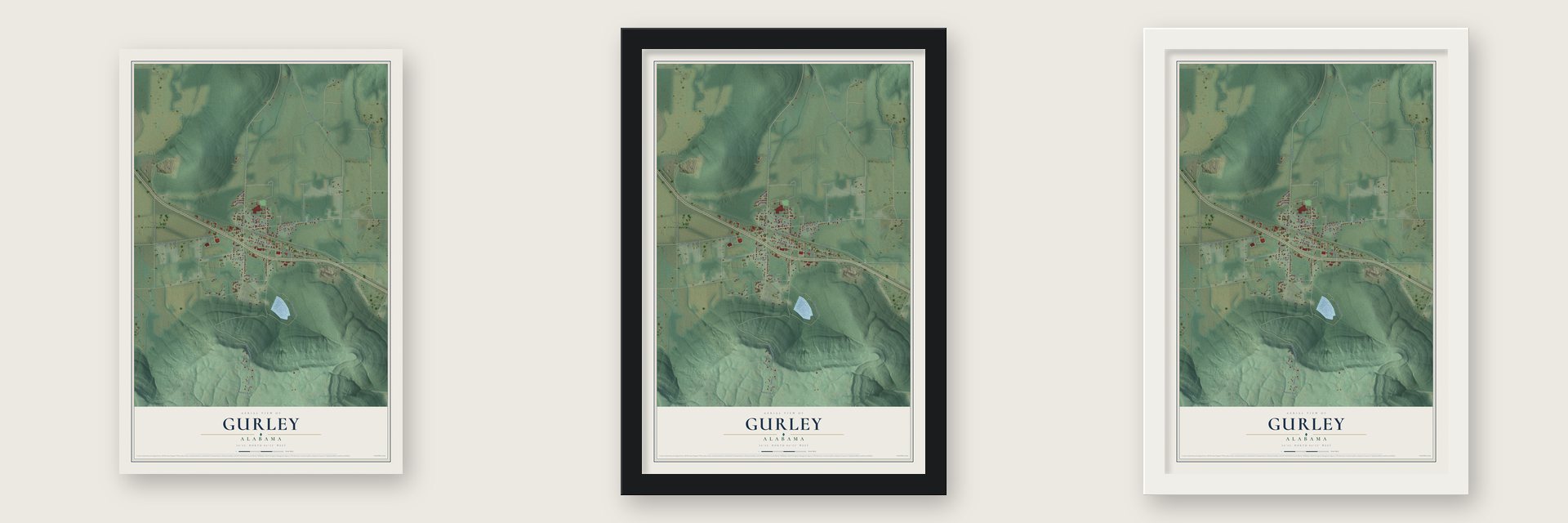 Gurley, Alabama map unframed, in a black wood frame and in a white wood frame