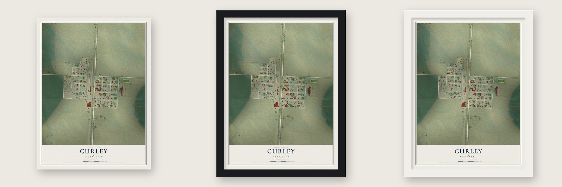 Gurley, Nebraska map unframed, in a black wood frame and in a white wood frame