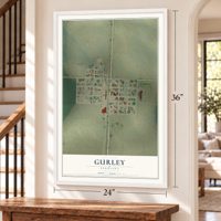Gurley, Nebraska map, 24 x 36 inch print in a white frame by a staircase