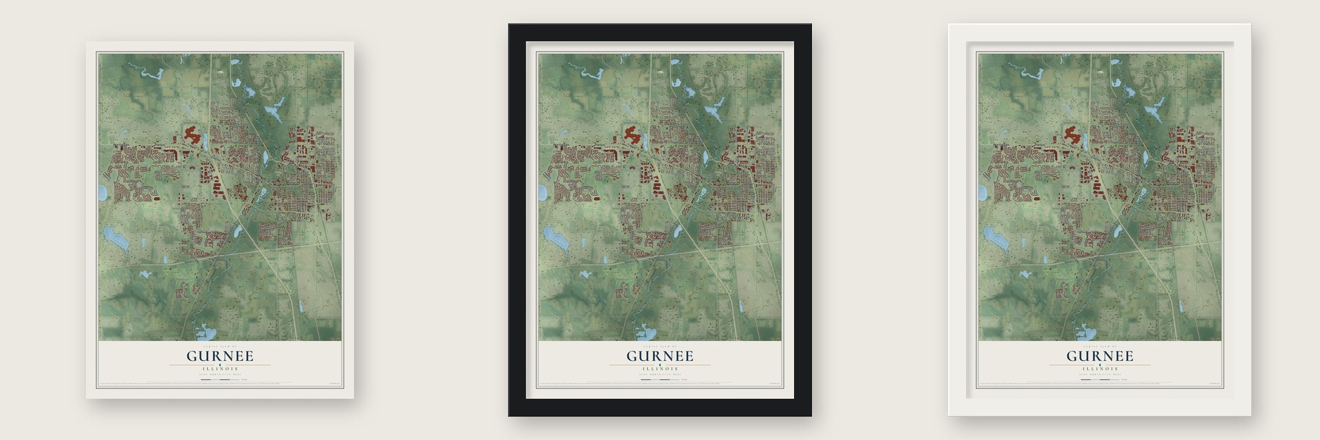 Gurnee, Illinois map unframed, in a black wood frame and in a white wood frame