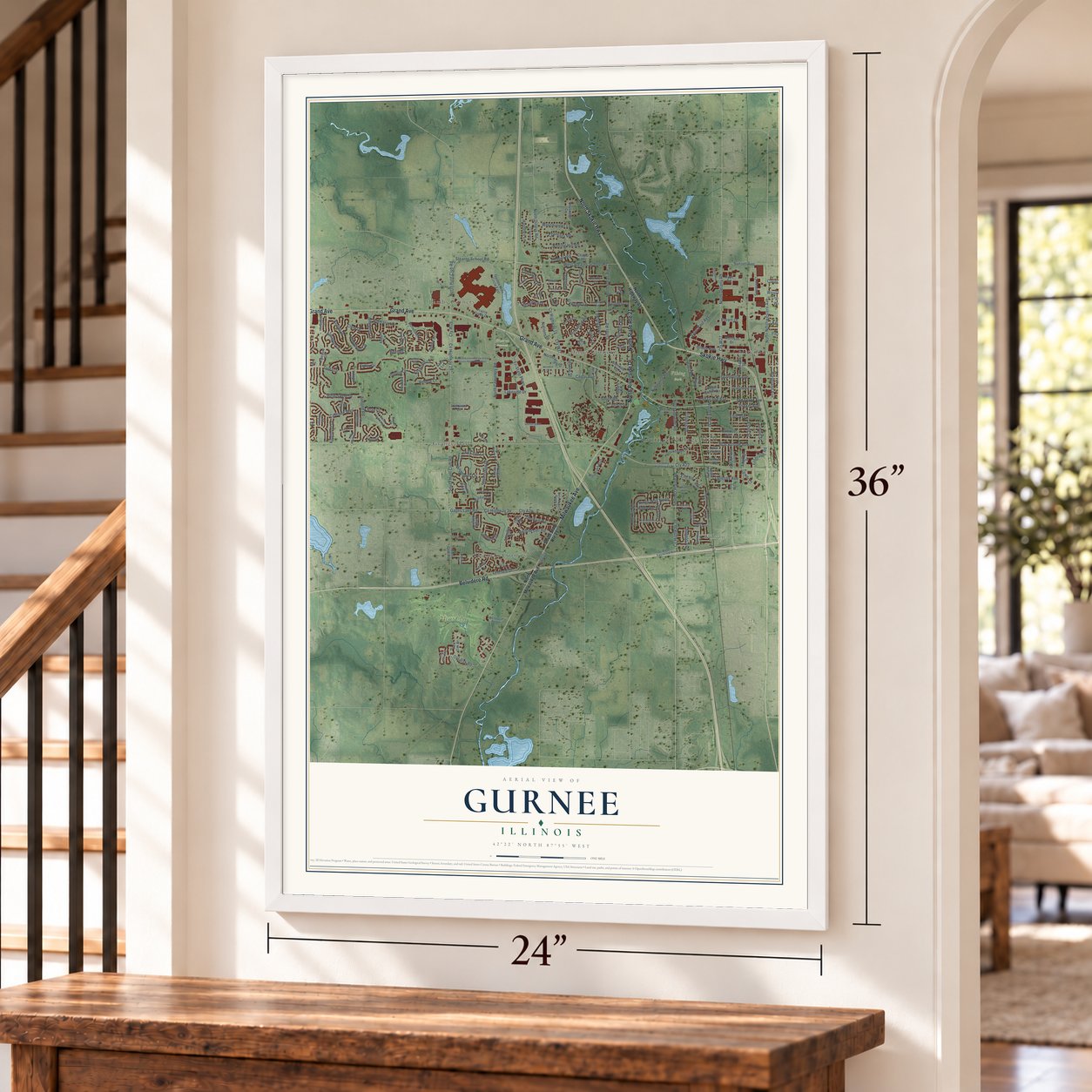 Gurnee, Illinois map, 24 x 36 inch print in a white frame by a staircase