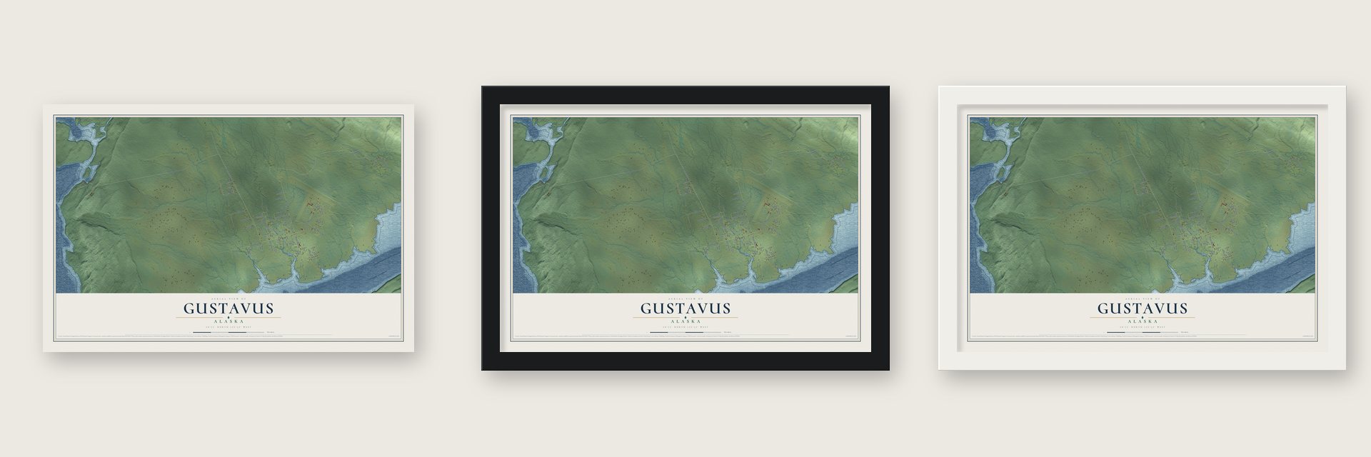 Gustavus, Alaska map unframed, in a black wood frame and in a white wood frame