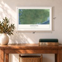 Gustavus, Alaska map, 12 x 18 inch print in a white frame in an entryway