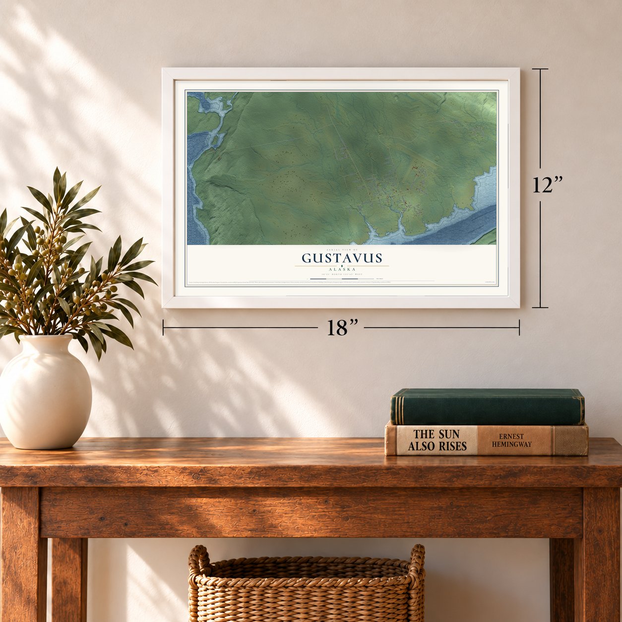 Gustavus, Alaska map, 12 x 18 inch print in a white frame in an entryway