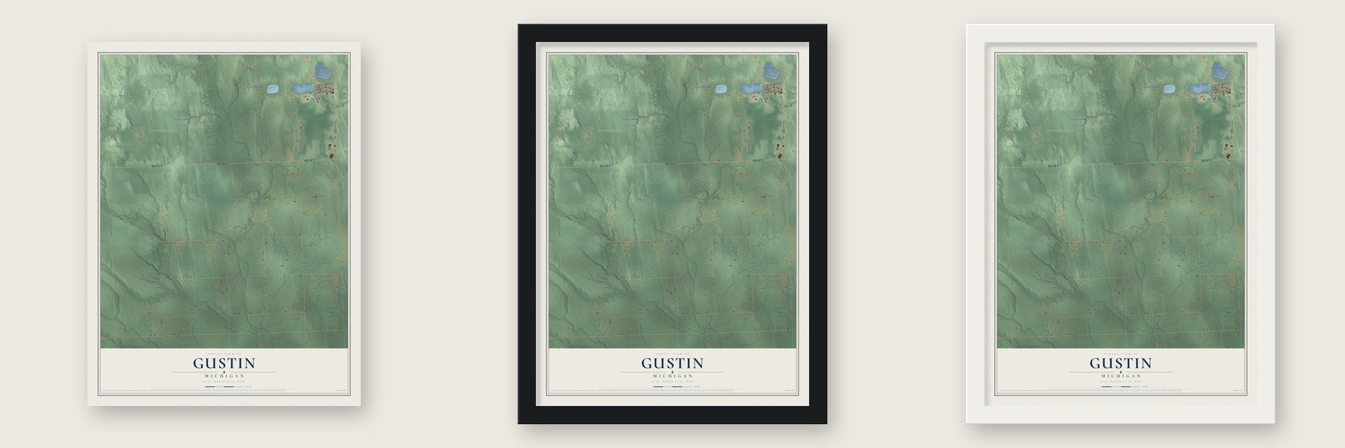 Gustin, Michigan map unframed, in a black wood frame and in a white wood frame
